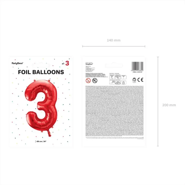 Folienballons zahl 3 rot 86cm vp